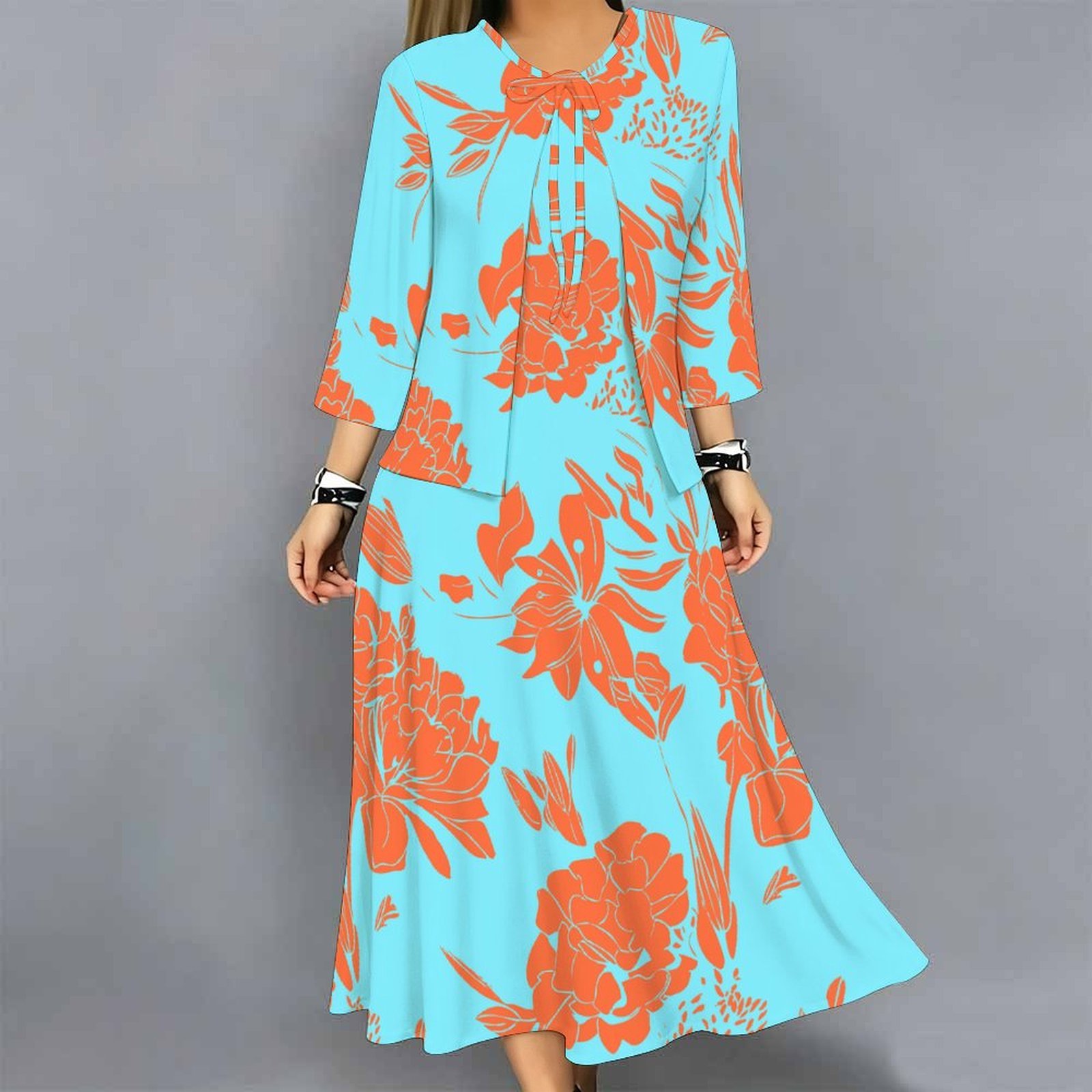 Midi Skirt Floral - レディース2ピースドレスセット プリント 3/4袖カーディガンとミディドレス ルーズカジュアル バケーション レディース衣装