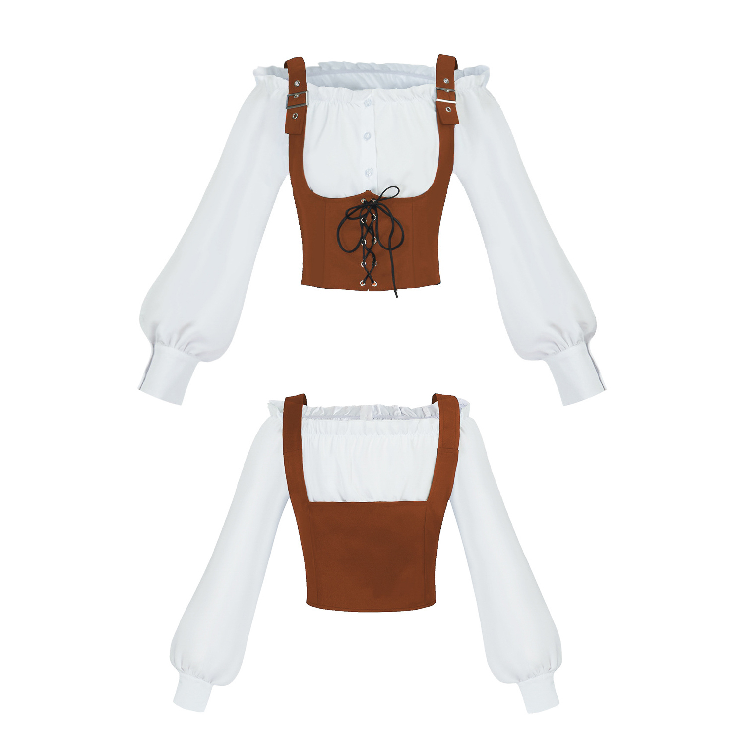 Blouse Off Shoulder - ルネサンス風の2点セットコスチューム。オフショルダーのフリル付き長袖ブラウスと、フェイクスエードのレースアップコルセットベスト。ハロウィーンのコスプレに最適。