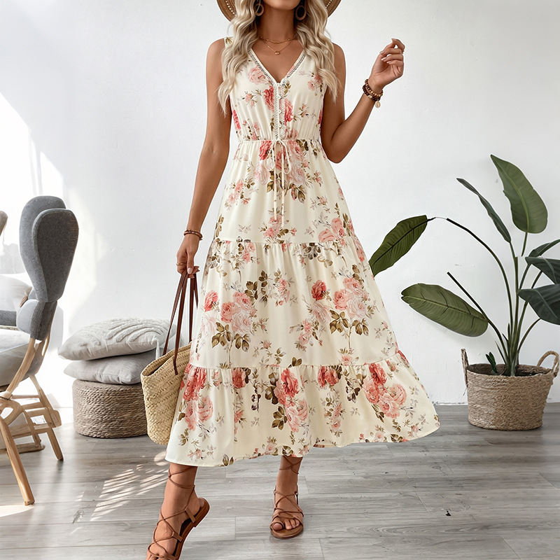 Midi Skirt Floral - 女性用花柄プリントノースリーブミディ丈ワンピース、Vネック、レーストリム、ドローストリングウエスト、ティアードフリル、流れるような夏のビーチドレス