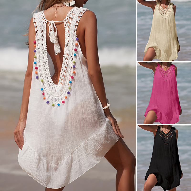 女性 V ネックバックレス中空アウトショートドレスかぎ針編み - Cover Up Kaftan のレビューと価格