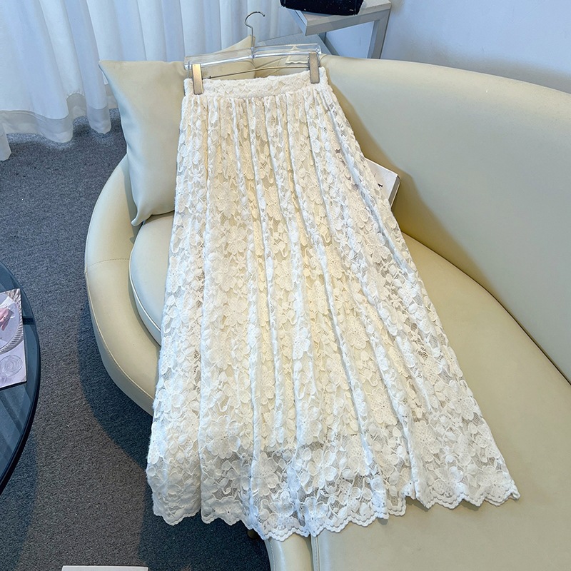 フレンチクリームベージュの3D花柄レースを使用した2点セット - Midi Skirt Floral のレビューと価格