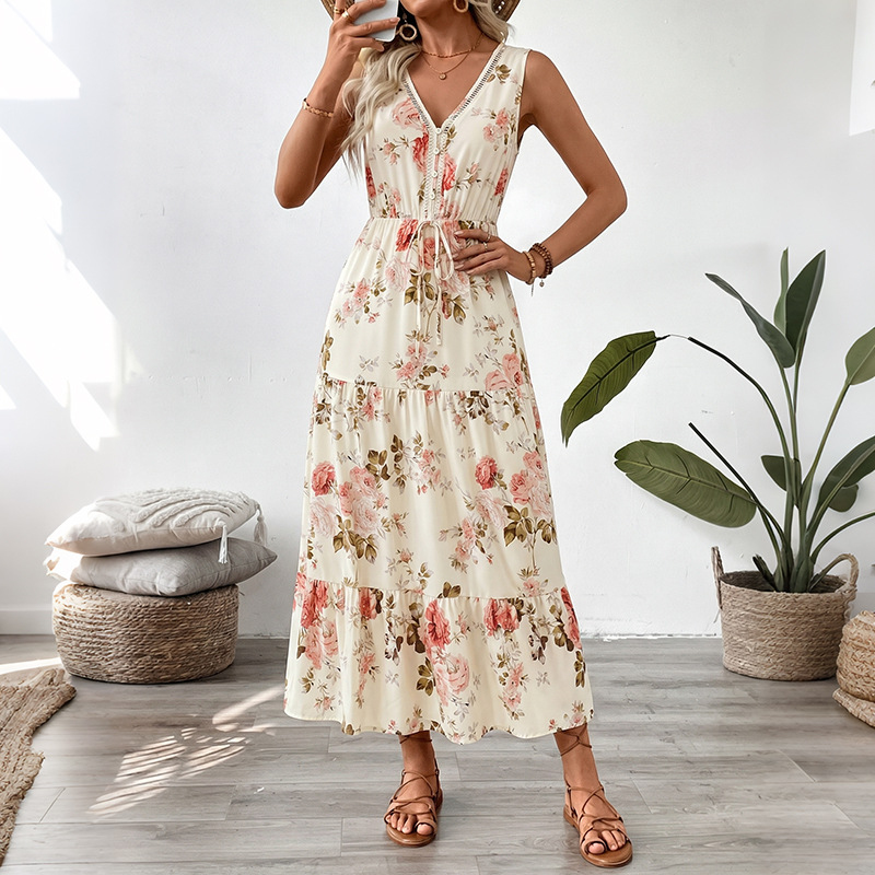 女性用花柄プリントノースリーブミディ丈ワンピース、Vネック、 - Midi Skirt Floral のレビューと価格