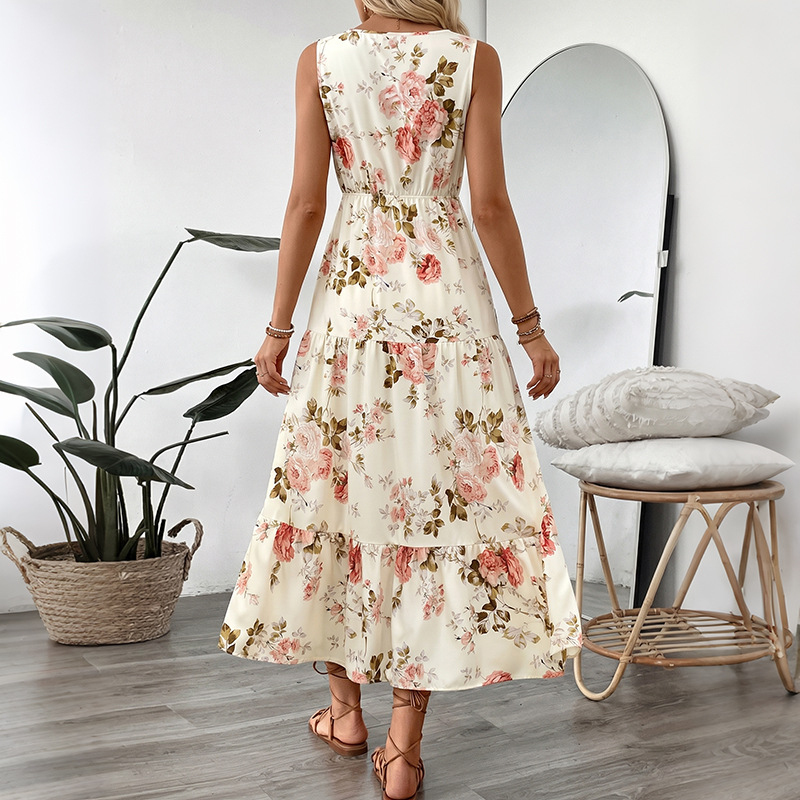 女性用花柄プリントノースリーブミディ丈ワンピース、Vネック、 - Midi Skirt Floral のレビューと価格