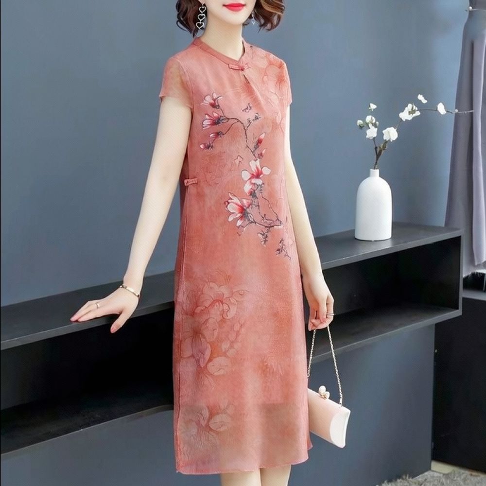 夏らしいシフォン素材の花柄ワンピース。上品なチャイナカラー、 - Midi Skirt Floral のレビューと価格