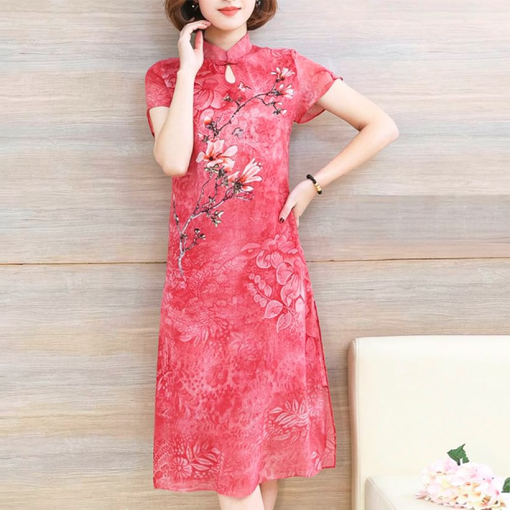 夏らしいシフォン素材の花柄ワンピース。上品なチャイナカラー、 - Midi Skirt Floral のレビューと価格