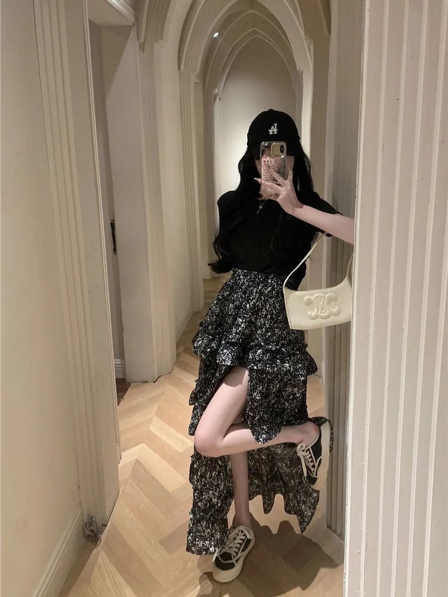 花柄プリントハーフ丈スカート女性用ルーズハイウエストヴィンテ - Midi Skirt Floral のレビューと価格