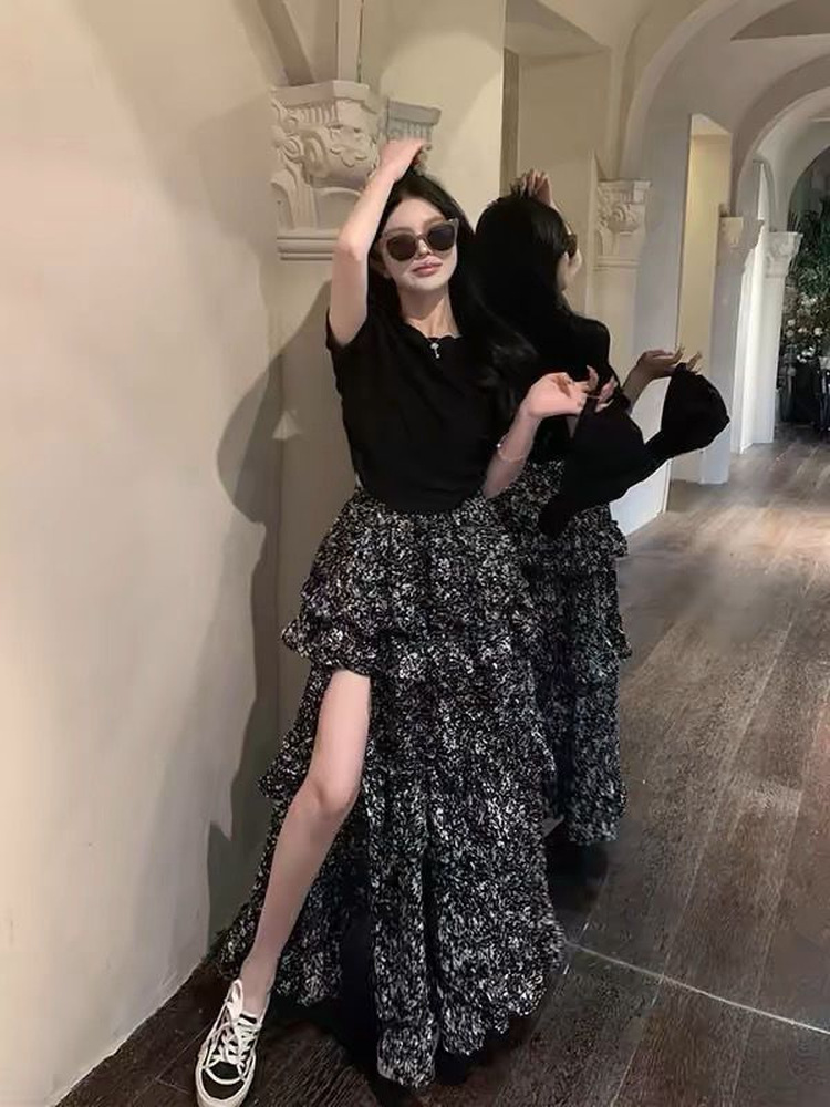 花柄プリントハーフ丈スカート女性用ルーズハイウエストヴィンテ - Midi Skirt Floral のレビューと価格